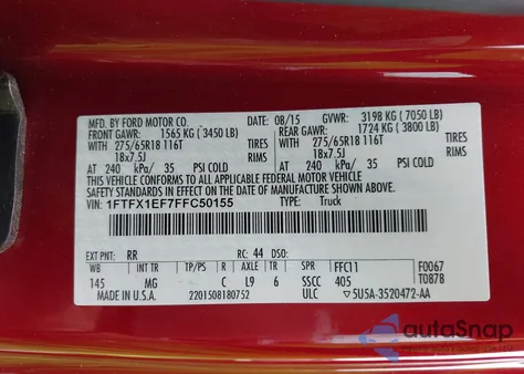 2015 Ford F-150 Xlt from USA, damaged, VIN 1FTFX1EF7FFC50155